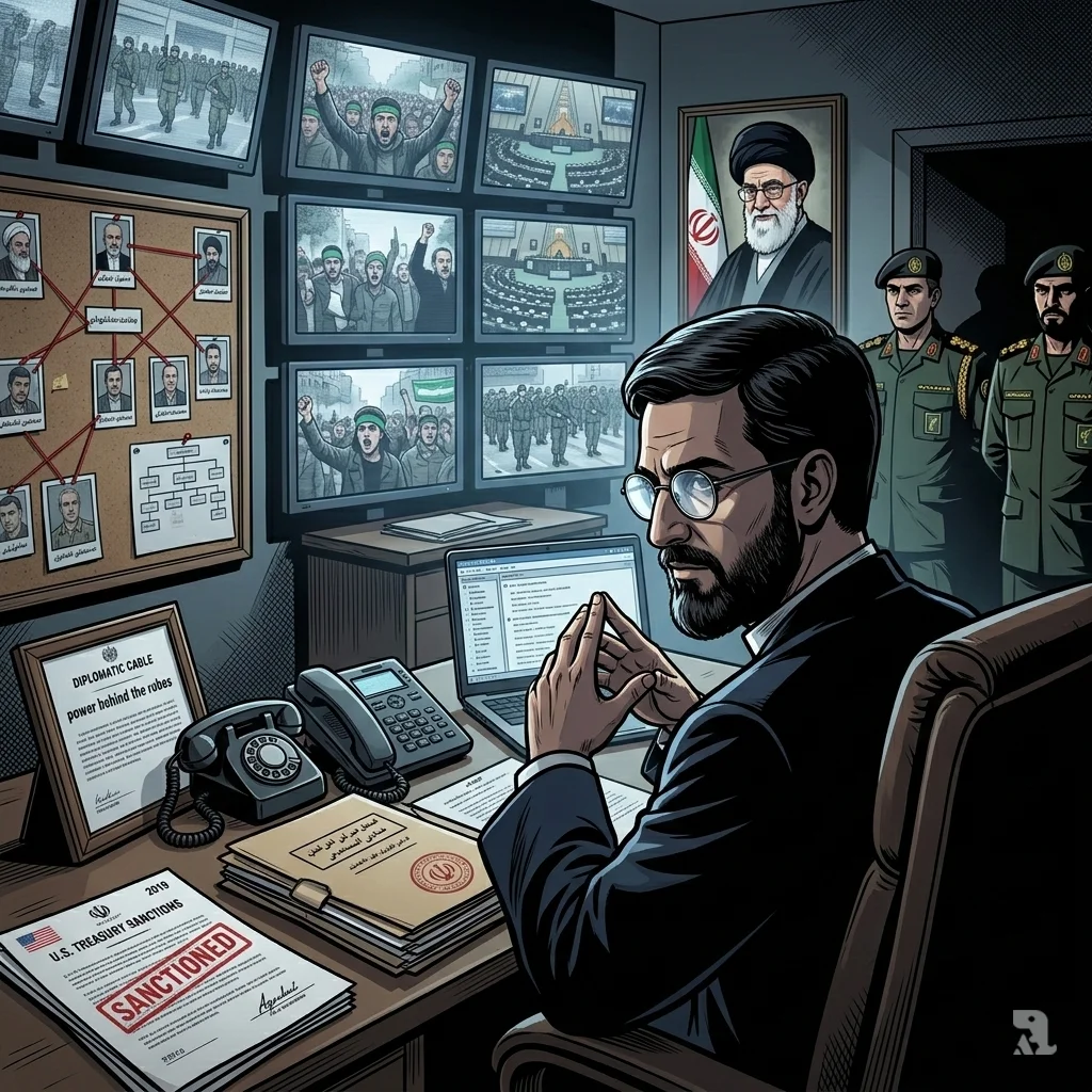 Mojtaba Khamenei sits in a dark office surveilling monitors and intelligence boards. Revolutionary Guard commanders stand at attention in the background as he manages levers of power.