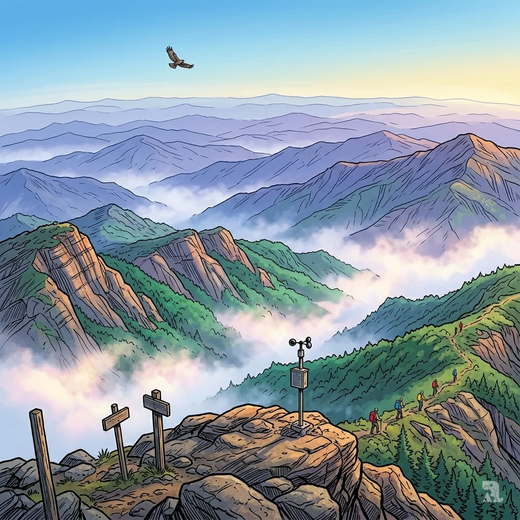 An epic panoramic view from Mount LeConte showing layered blue mountain ridges fading into mist. Tiny hikers are microscopic specks against the ancient landscape.