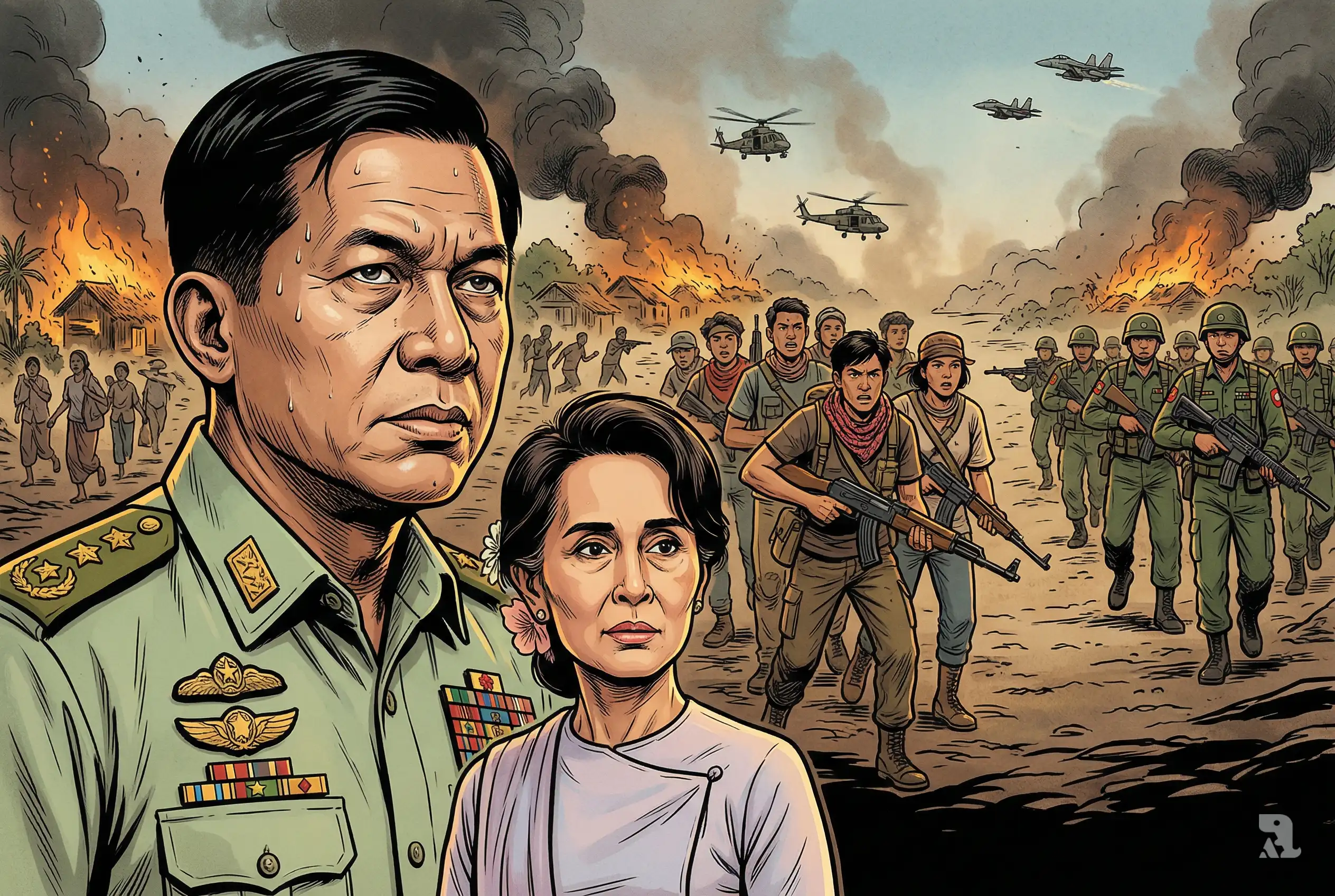 Myanmar civil war thumbnail showing Min Aung Hlaing and Aung San Suu Kyi with armed fighters, burning villages, helicopters, and civilians fleeing ongoing conflict.