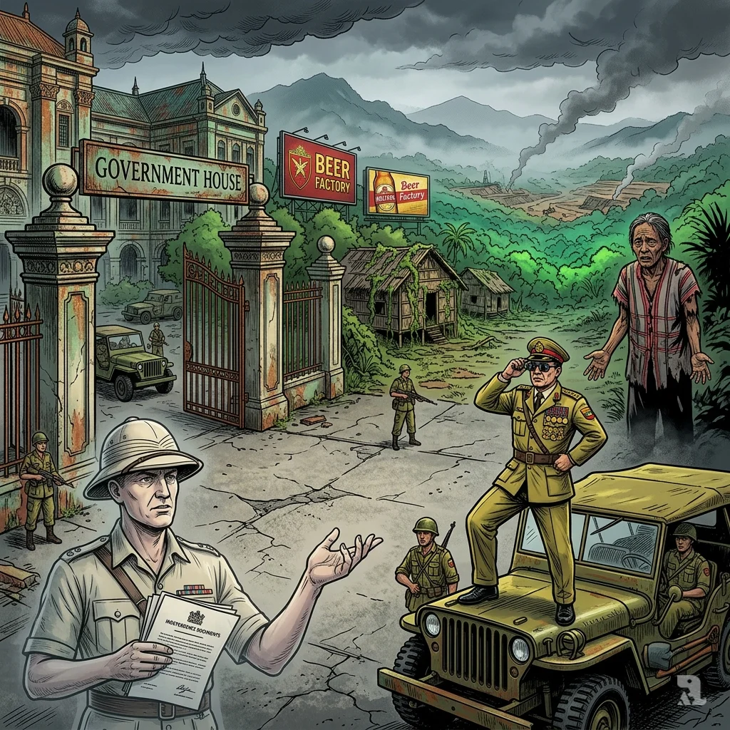 Colonial buildings loom over a military general standing on a jeep, while a ghostly officer fades. An ethnic elder pleads in the background.