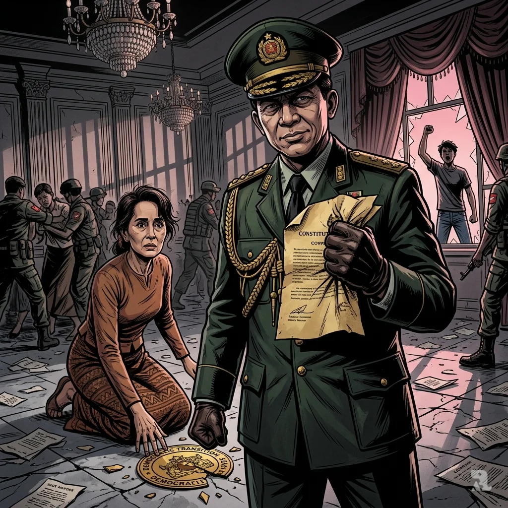 Senior General Min Aung Hlaing crumples a constitution as Aung San Suu Kyi kneels before a shattered democracy seal. Dawn breaks through a window.
