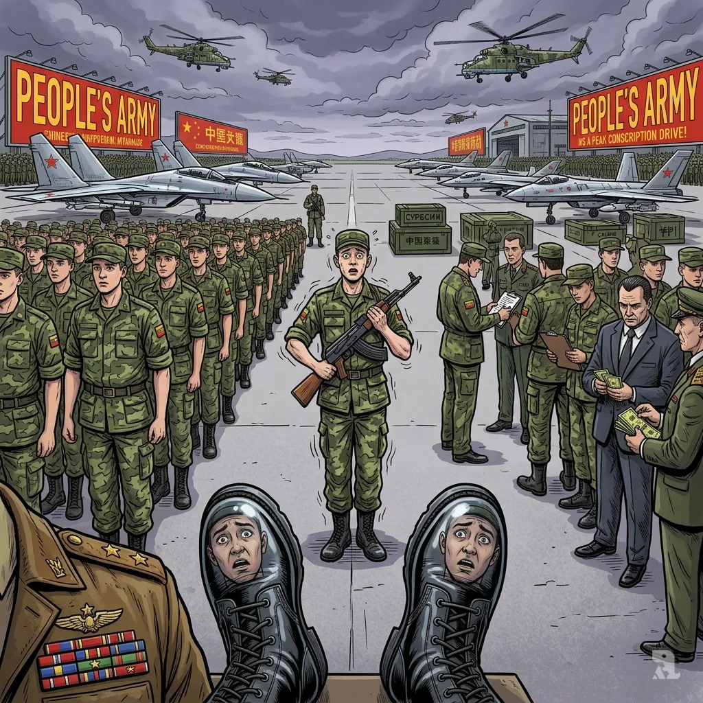 Endless rows of terrified conscripts in uniforms stretch before Russian jets and Chinese drones, their reflections captured in a veteran’s polished boots.