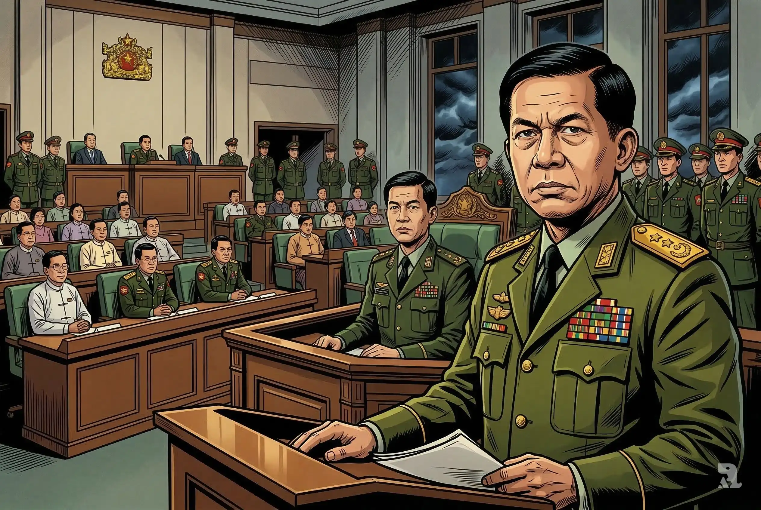 Myanmar military leader Min Aung Hlaing dominates parliament chamber while Khin Yi presides as speaker, soldiers watching lawmakers during controversial election power consolidation.
