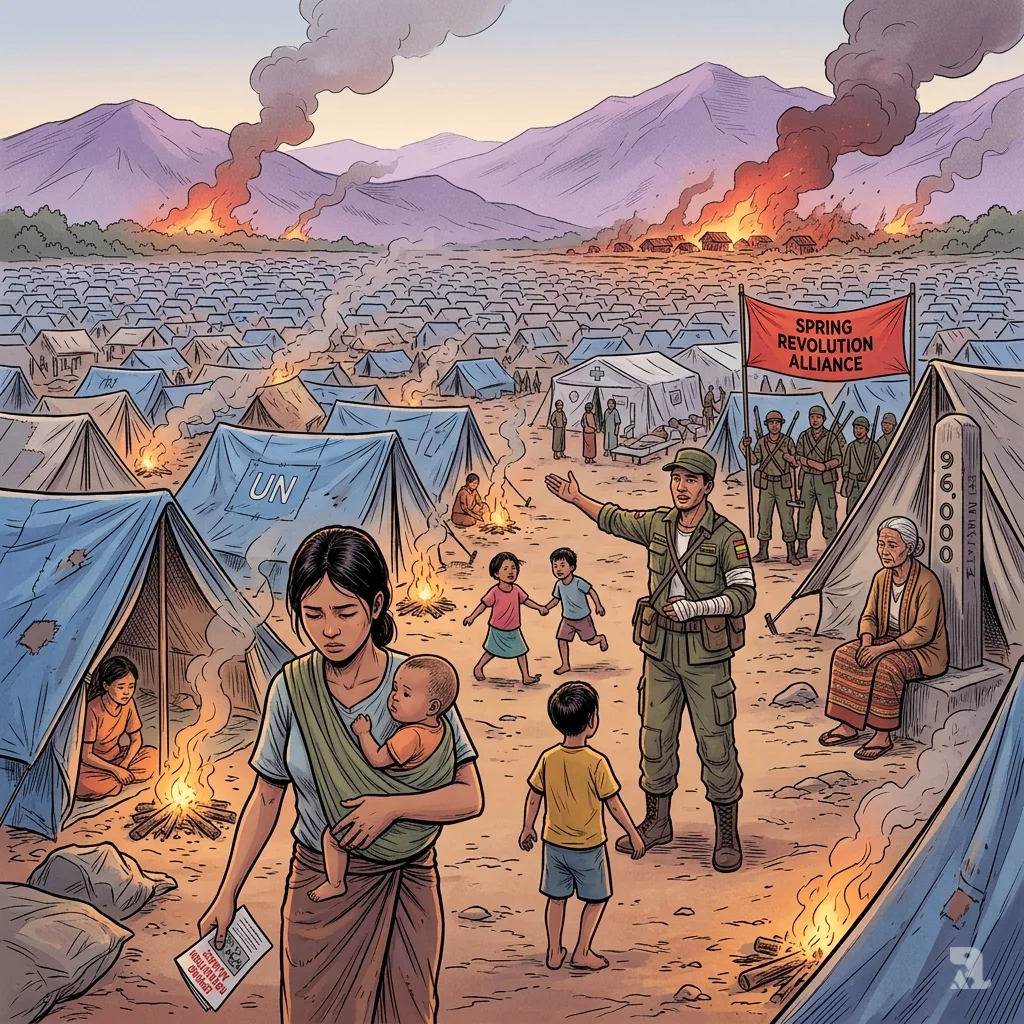 A sea of refugee tents stretches to the horizon as a mother holds a child near an Alliance recruiter. A carved memorial reads “96,000” in the foreground.