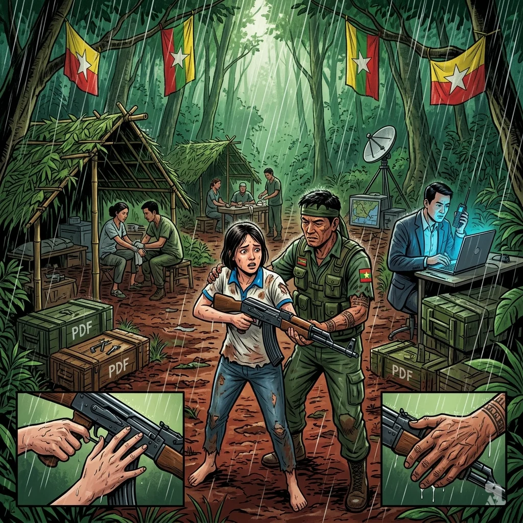 In a rain-soaked jungle, an ethnic rebel instructor guides a former student’s hands on a rifle. Mud and makeshift shelters surround them.