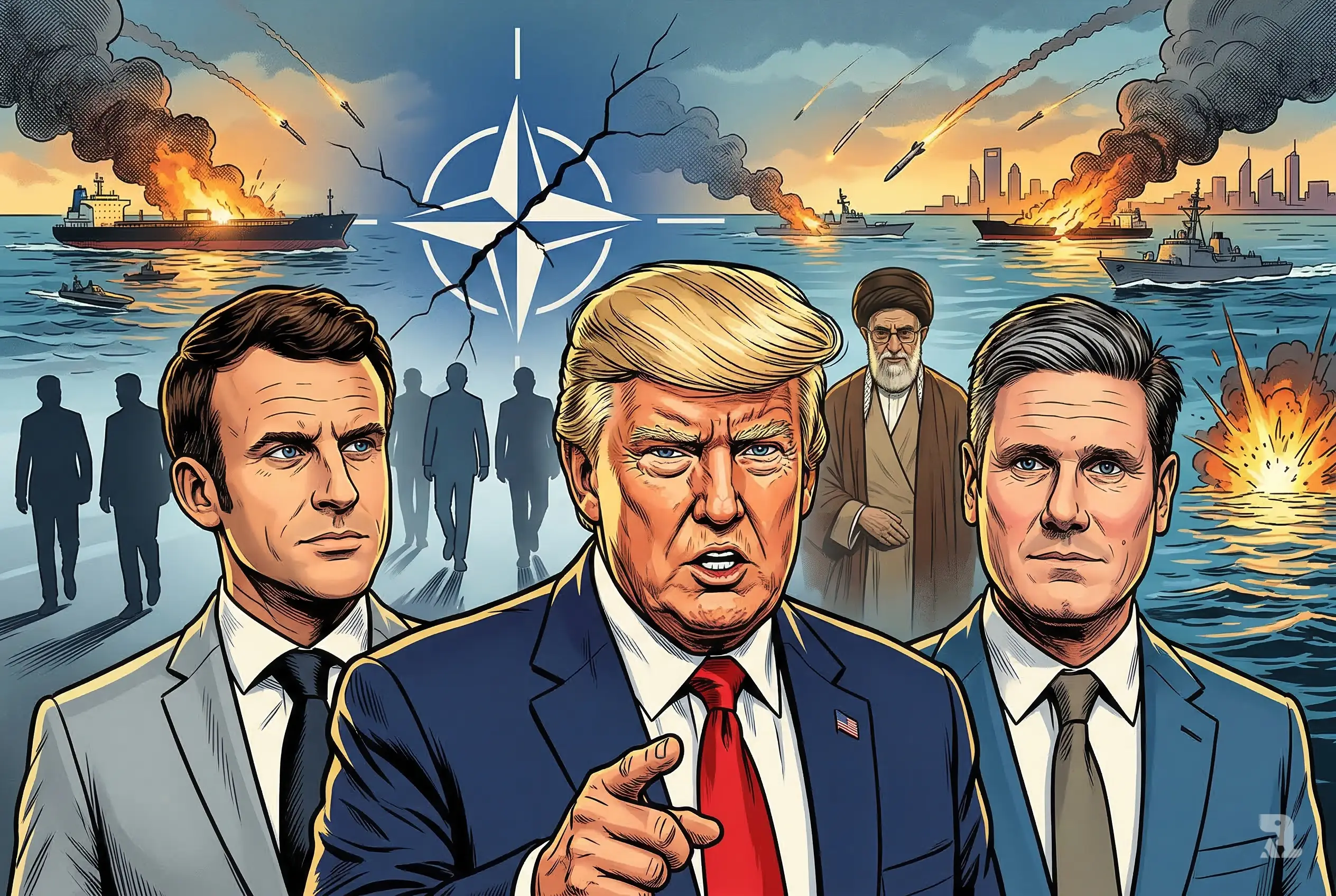 Trump reacts angrily as Macron and Starmer turn away, with burning oil tankers in Strait of Hormuz and rising Iran tensions in background.