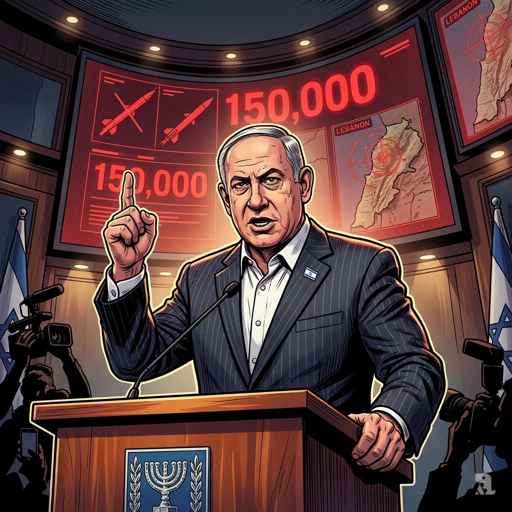 Israeli Prime Minister Netanyahu speaks at a podium with a large screen showing missile graphics and the number 150,000 behind him.