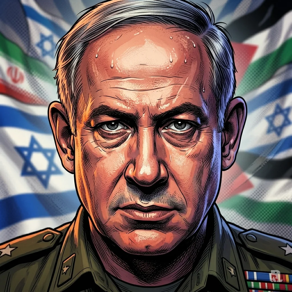 Close-up of Netanyahu with an intense expression against abstracted flag colors, symbolizing a multi-front war declaration.