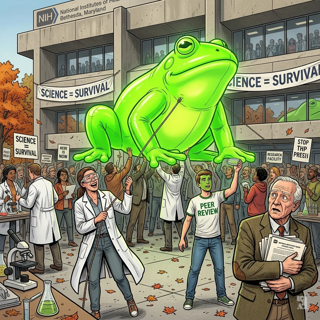 Scientists and protesters at NIH building with giant inflatable frog and “SCIENCE = SURVIVAL” banner.