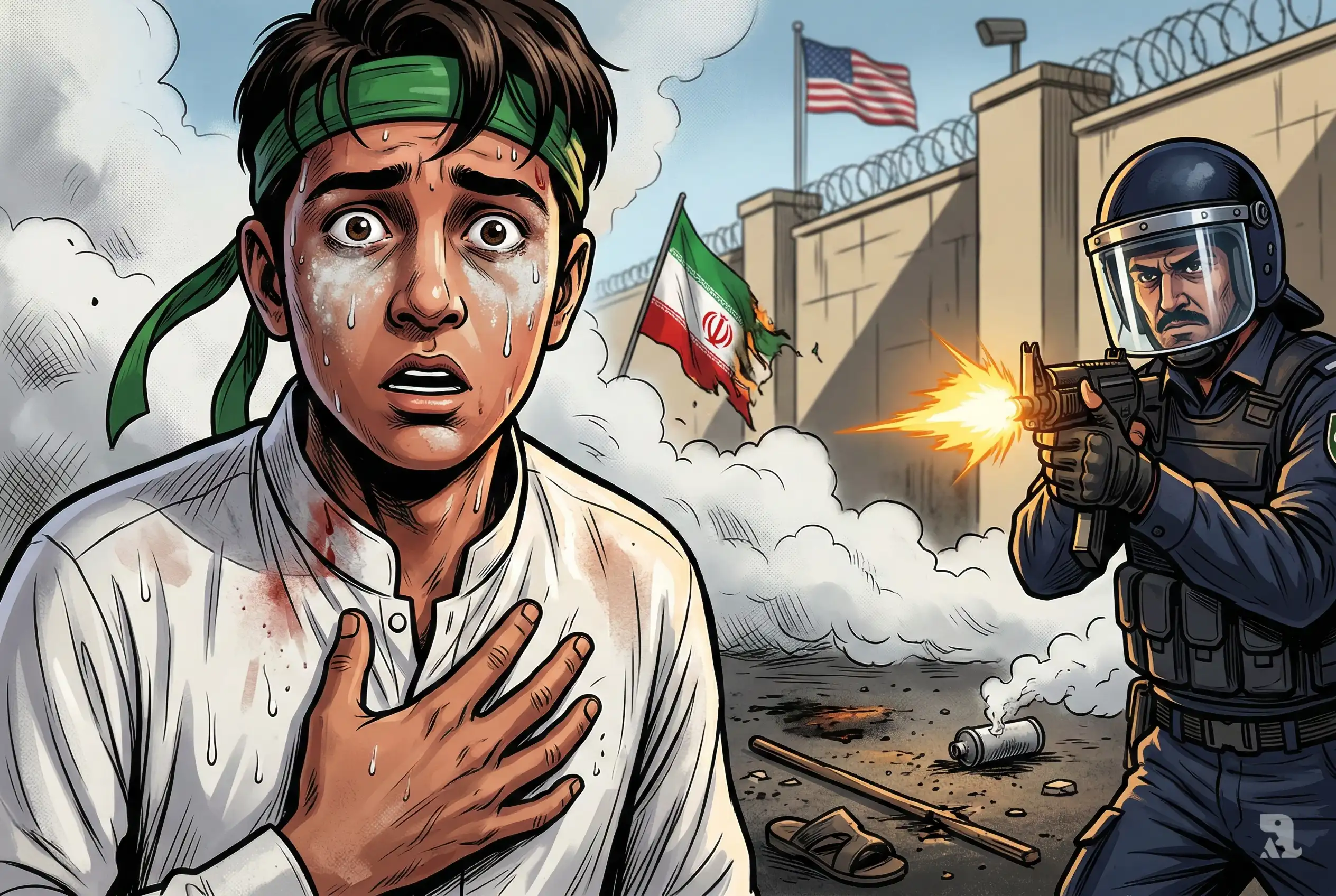 Close-up of injured protester during deadly clash outside US Consulate in Karachi as police fire amid tear gas and chaos.