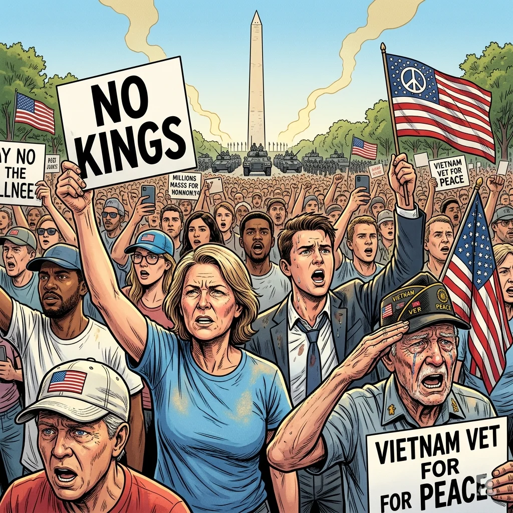 Low‑angle view of millions of protesters filling Washington D.C. street, holding “NO KINGS” signs, distant military parade.