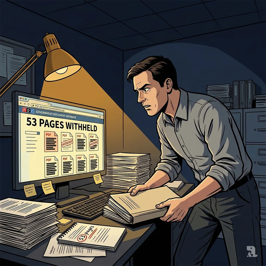 A journalist works late in a dim newsroom, staring at a computer screen showing redacted government files marked "MISSING" in a database.