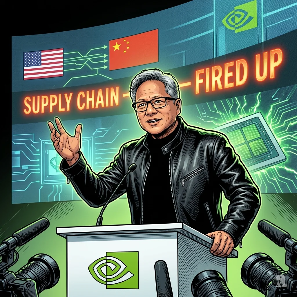 NVIDIA CEO Jensen Huang in signature leather jacket addresses press conference as LED screen displays US and China flags with text reading Supply Chain Fired Up.