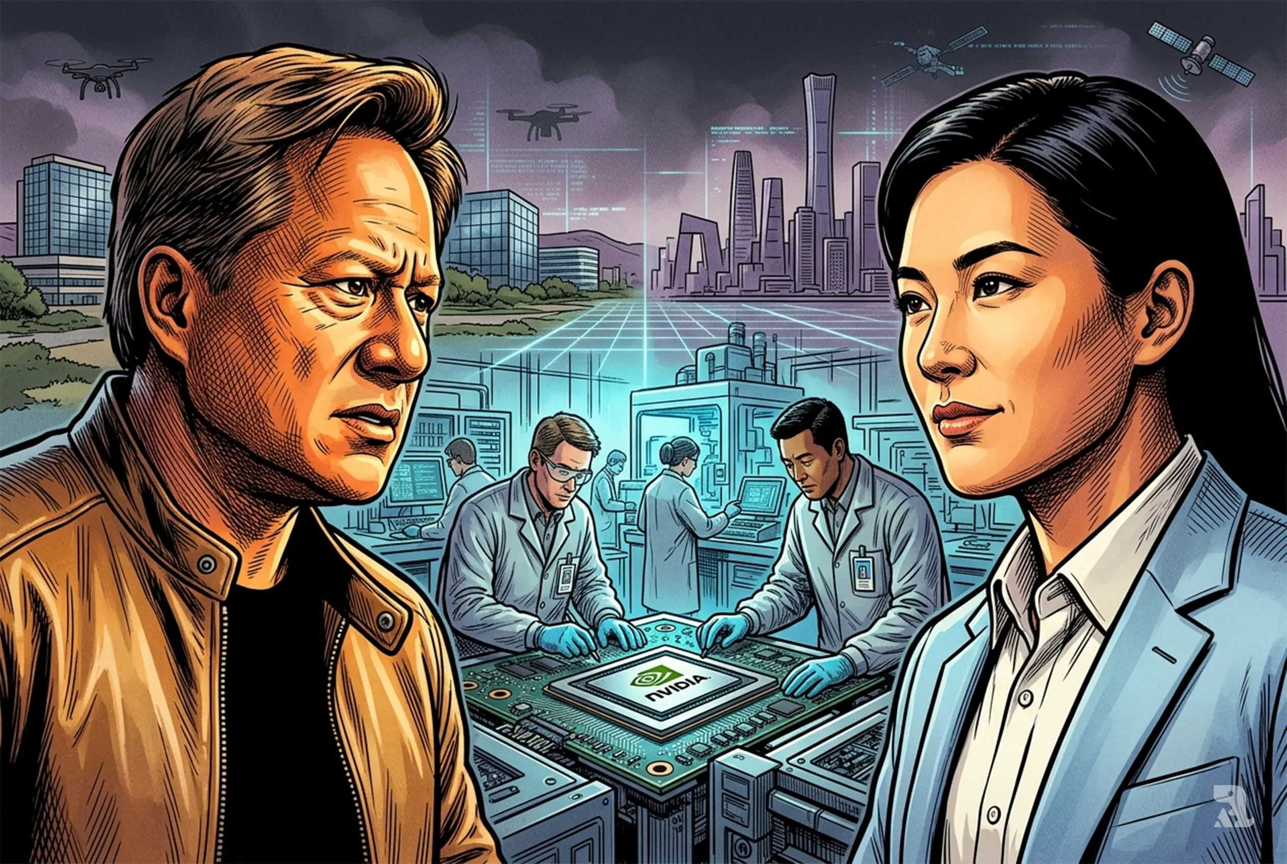 Jensen Huang and a Chinese AI executive face off in a semiconductor facility as engineers handle chips, with US-China tech rivalry symbolized in background.