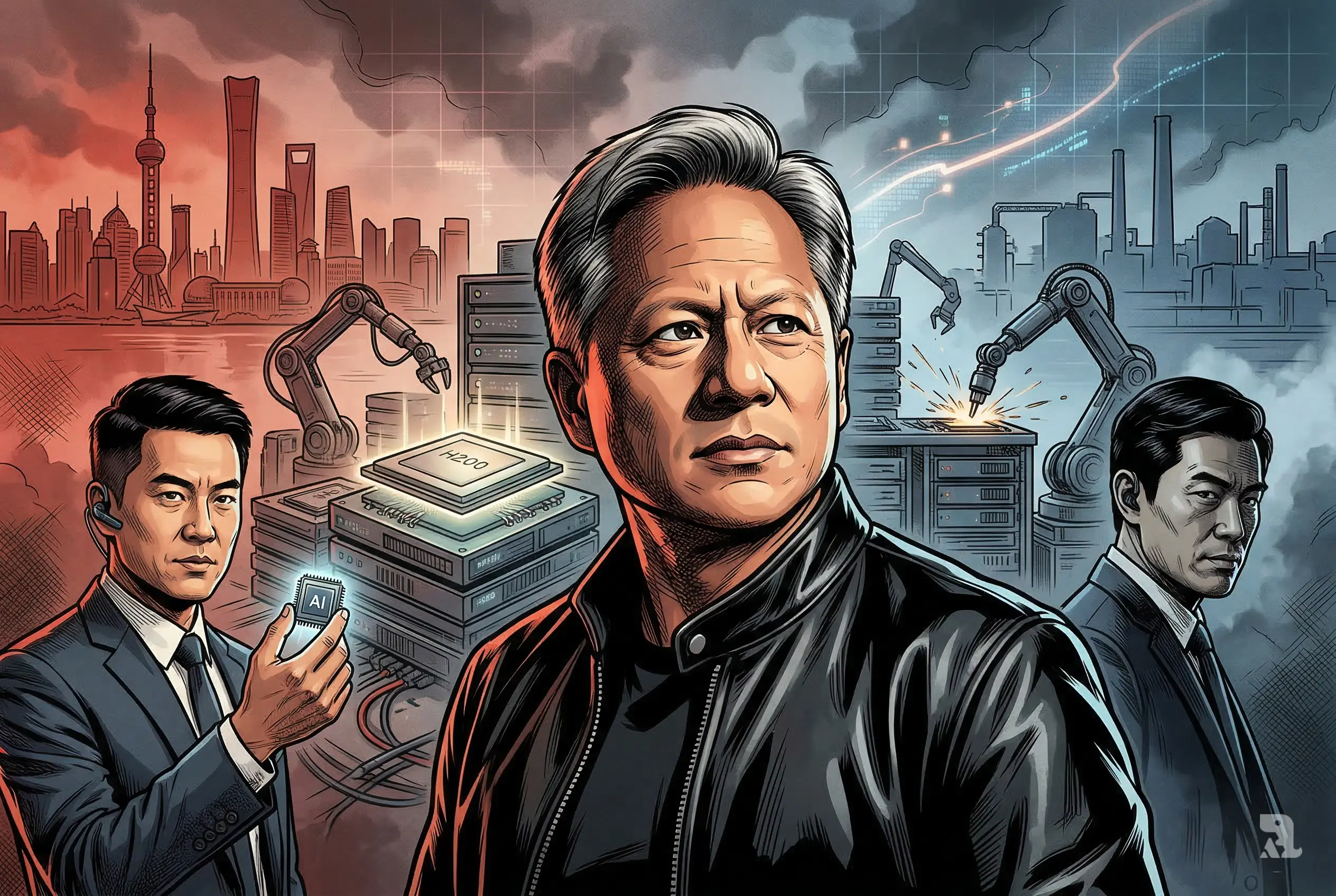 Jensen Huang stands amid AI chip factories as Chinese tech executives observe, symbolizing US-China tension, Nvidia strategy shifts, and rising competition in advanced semiconductor markets.