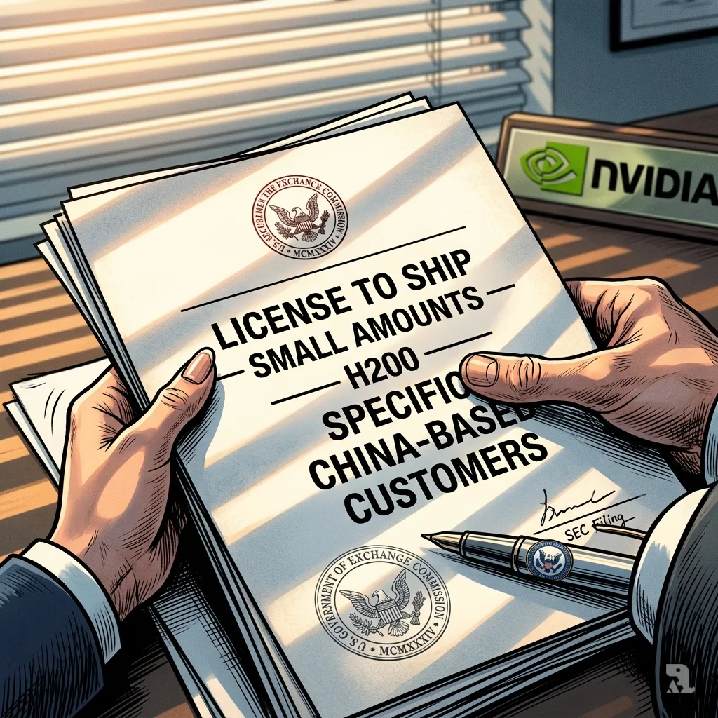 Manicured hands hold SEC document showing NVIDIA receives partial license to ship small amounts of H200 chips to specific China-based customers, government seal visible.