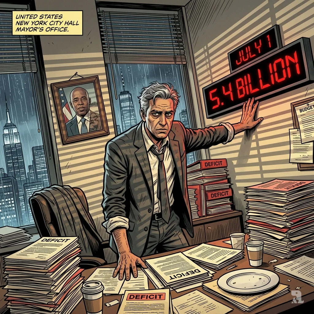 Mayor Mamdani stands hunched under a glowing red "5.4 BILLION" deficit counter, buried in documents in his office.
