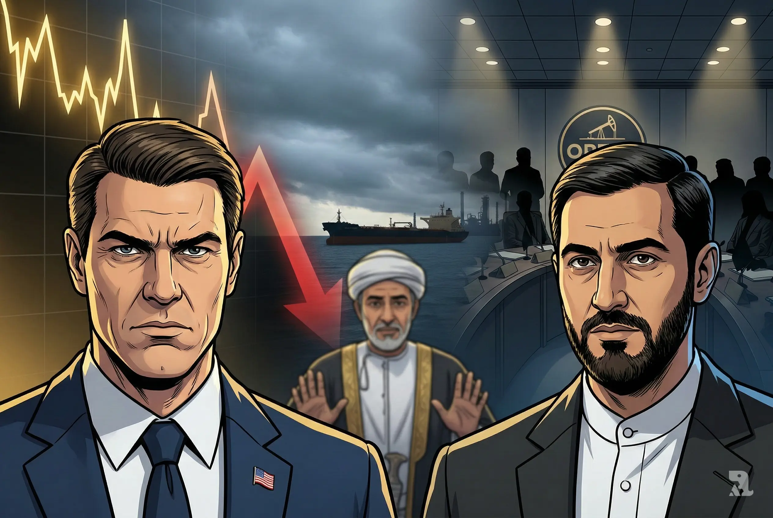 US and Iran negotiators in tense oil talks with falling price chart and OPEC meeting background.