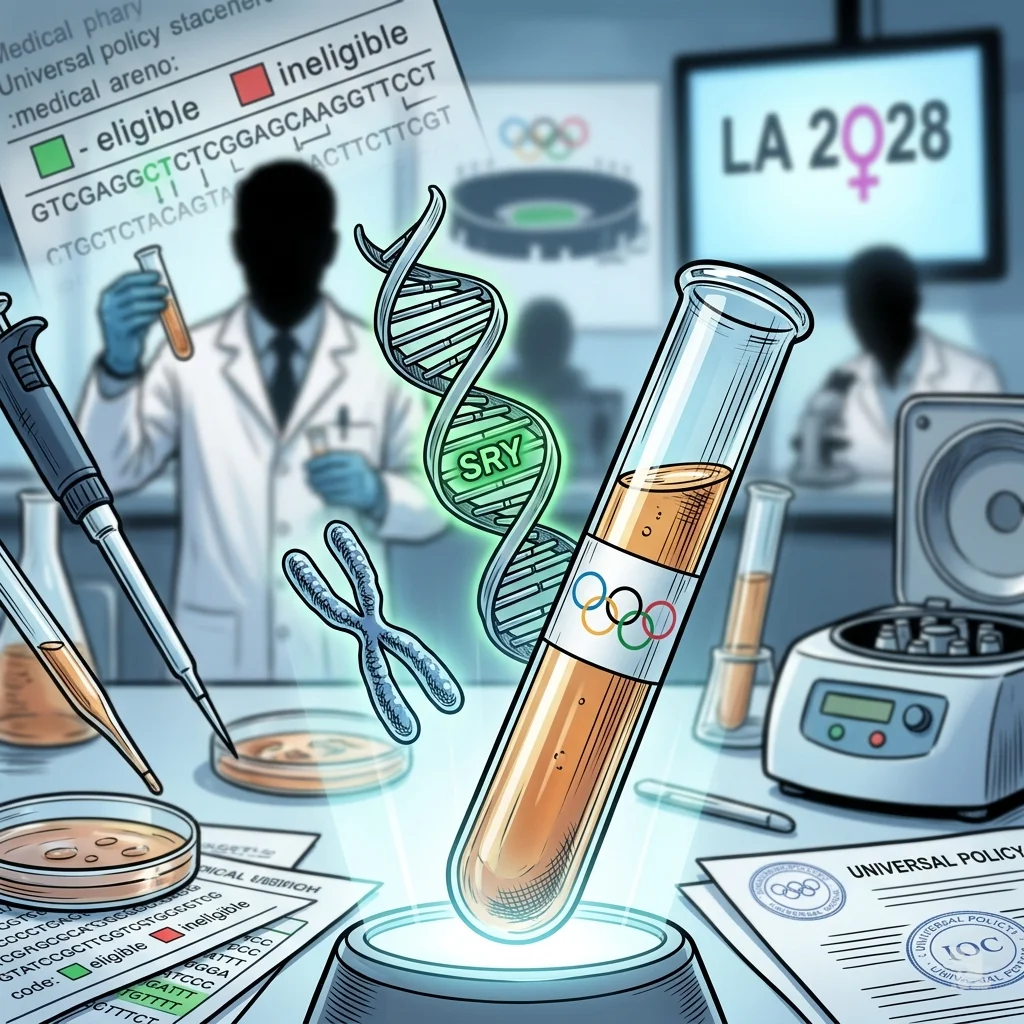 Extreme close-up of a DNA helix with a glowing SRY gene marker, test tubes, and a digital screen showing LA 2028.