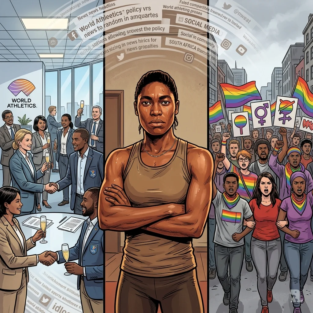 Triptych showing officials celebrating, a defiant athlete in training gear, and a protest crowd with rainbow flags.