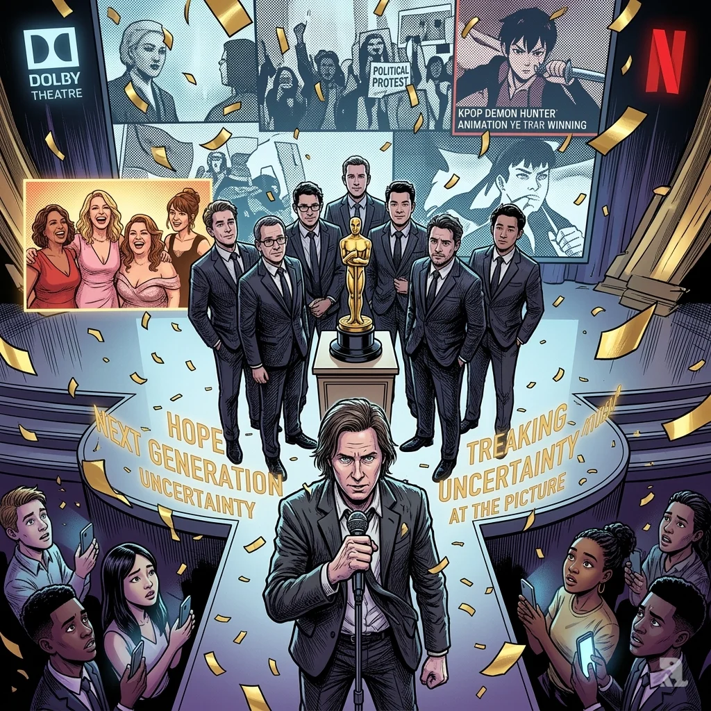 An extreme wide shot of the "One Battle After Another" team celebrating their Best Picture win. The six Oscar statuettes are arranged like a fortress. In the background, a screen shows conflicting images of AI art, political protests, and other winning films. Director Anderson stands at the microphone, gesturing toward young filmmakers in the audience, his expression hopeful yet haunted by the industry's uncertain future.