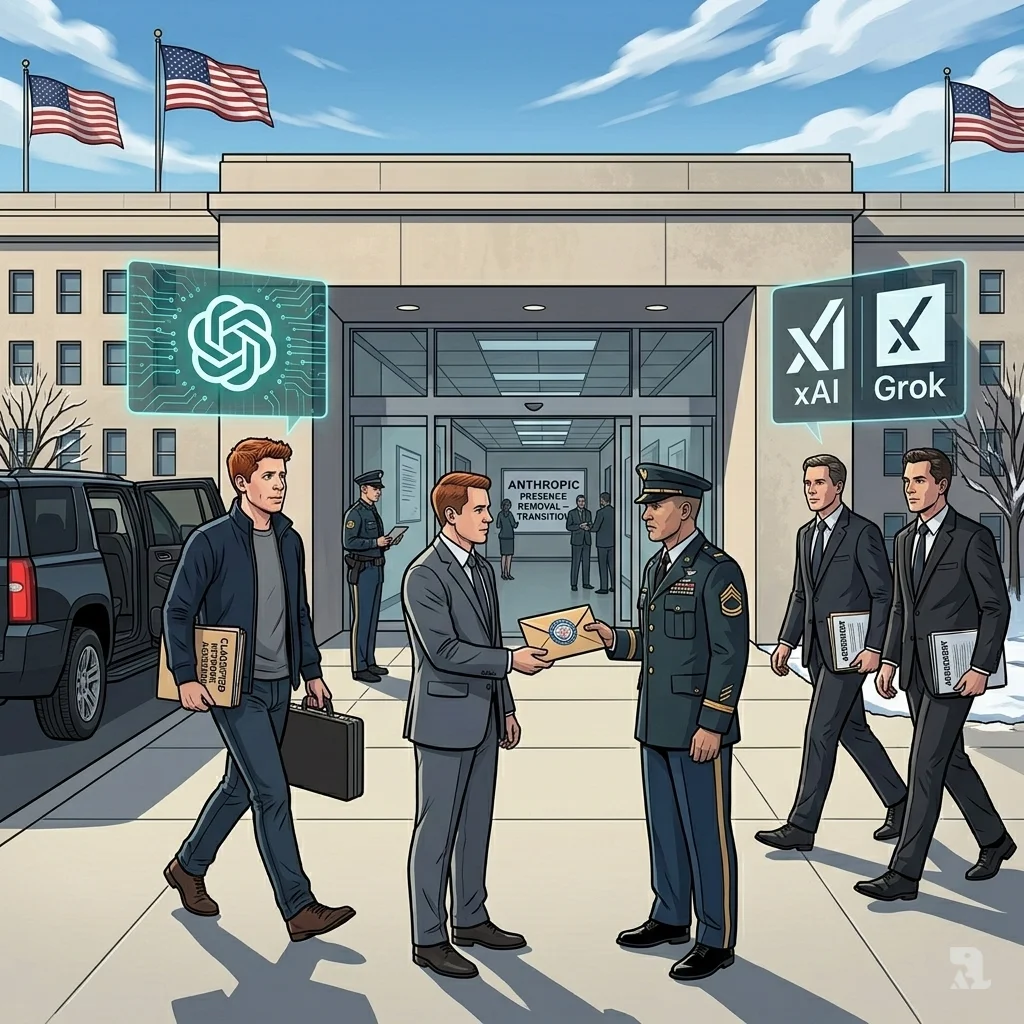 OpenAI CEO Sam Altman and xAI representatives rush toward the Pentagon entrance, documents in hand, to secure the defense contracts lost by Anthropic.