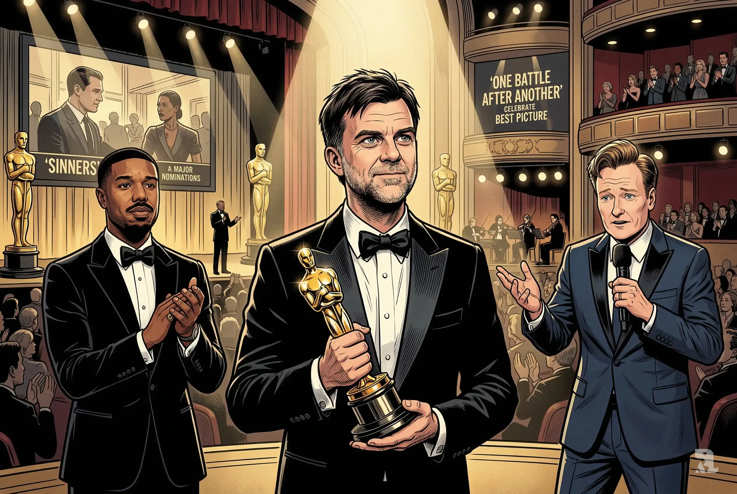 Paul Thomas Anderson holding Oscar on Dolby Theatre stage while Michael B. Jordan applauds and Conan O’Brien hosts under dramatic lights during a tense Oscars ceremony.