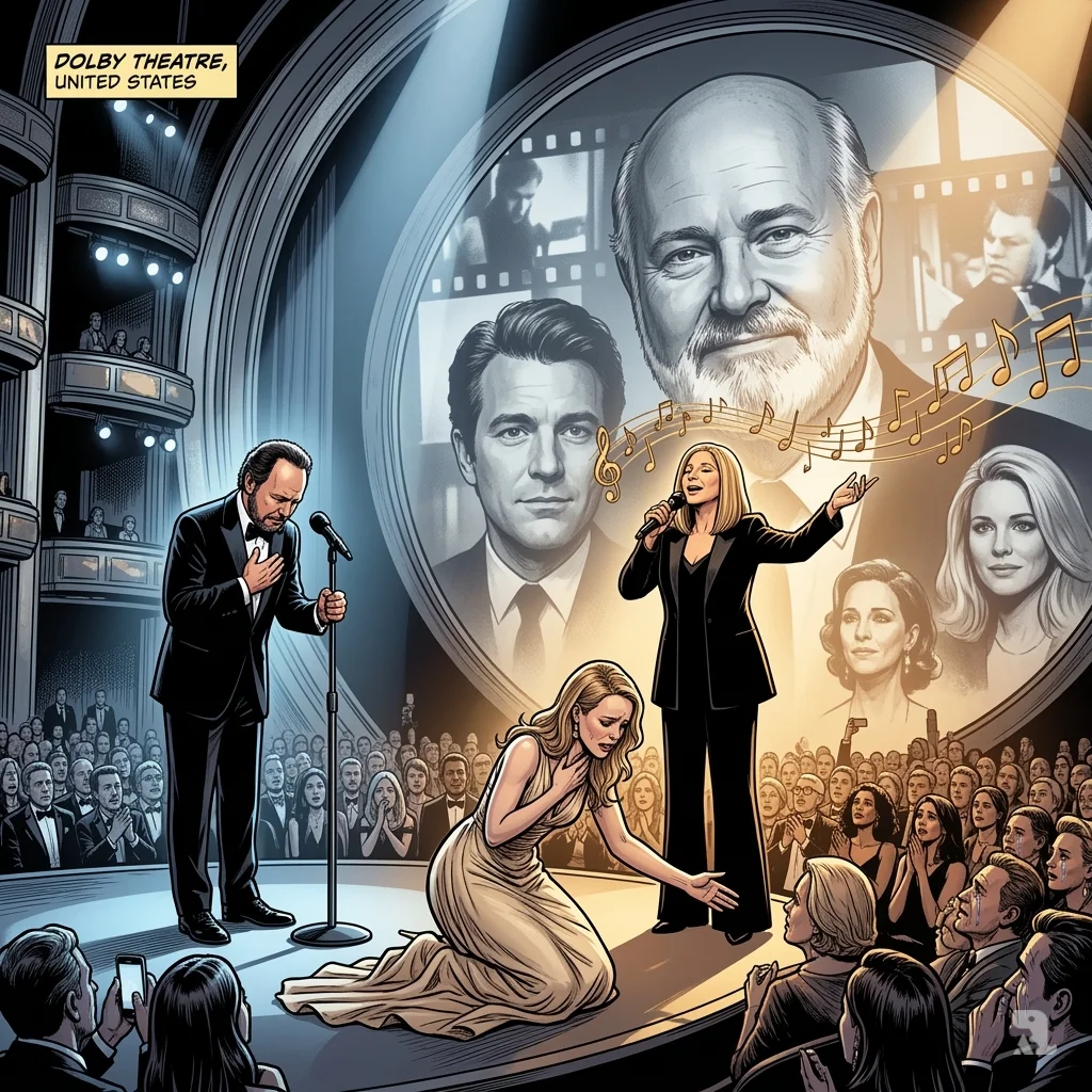 A wide shot of the Oscars In Memoriam segment. A massive circular screen displays faces of departed film legends. In the foreground, Billy Crystal stands with head bowed in grief, Rachel McAdams kneels at the stage edge reaching out, and Barbra Streisand sings "The Way We Were," with visible musical notes in the air, as the audience is illuminated by phone lights and tears.