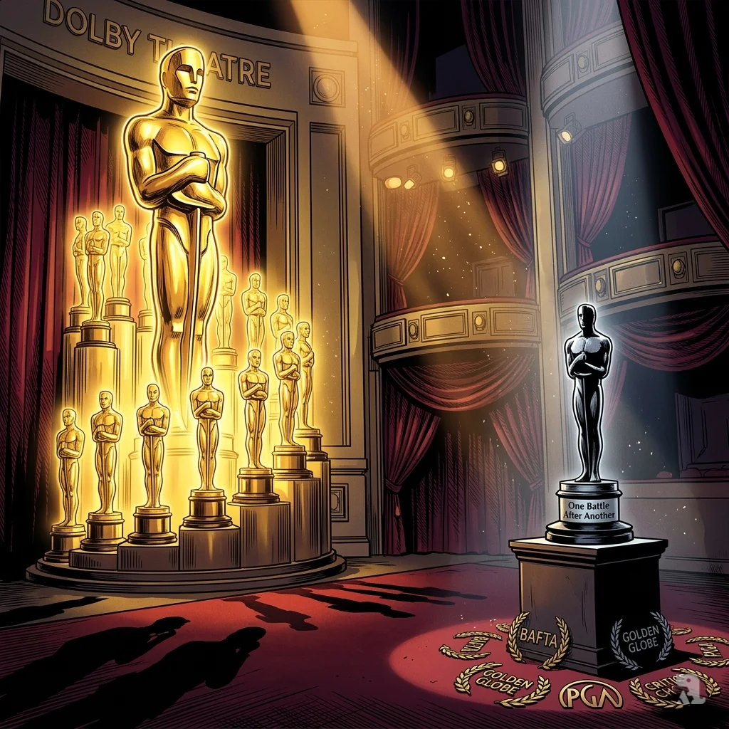 A dramatic wide shot of the Dolby Theatre stage. On the left, a towering, glowing formation of 16 Oscar statuettes represents the film "Sinners" and its record nominations. On the right, isolated in shadow, a single Oscar for the film "One Battle After Another" stands amidst discarded laurels from other award shows, creating a tense David-and-Goliath visual.