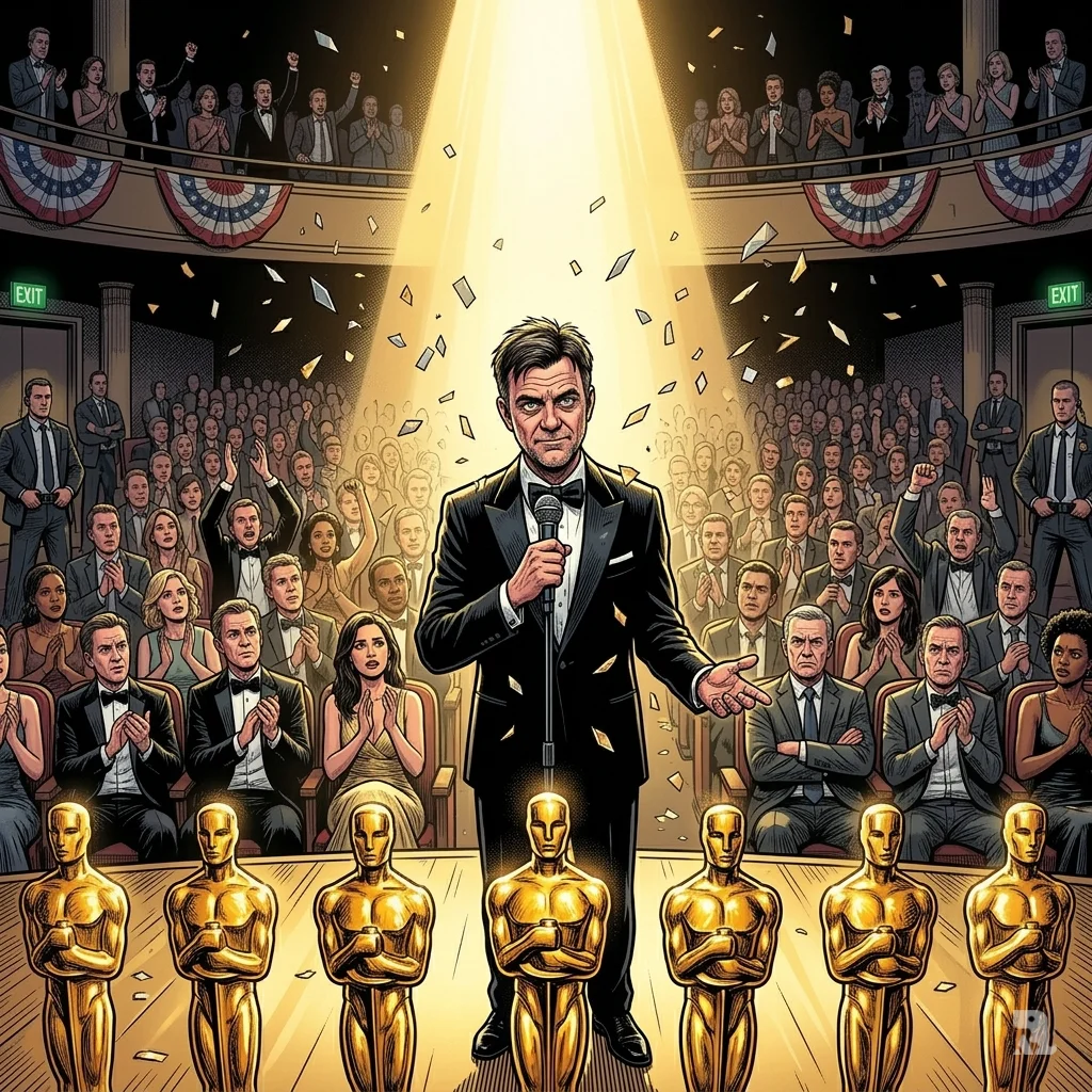 On an Academy Awards stage, a filmmaker stands at a podium behind six Oscar statuettes, facing a divided audience whose mixed reactions of applause and resistance reflect a bittersweet, hard-won triumph.