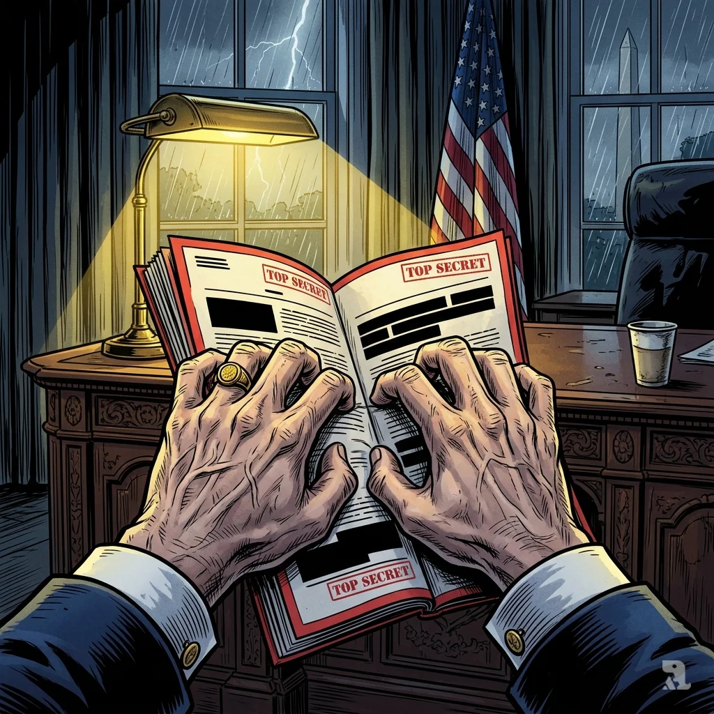 Weathered presidential hands grip a classified document stamped “TOP SECRET” on a mahogany desk. Rain streaks the Oval Office window.
