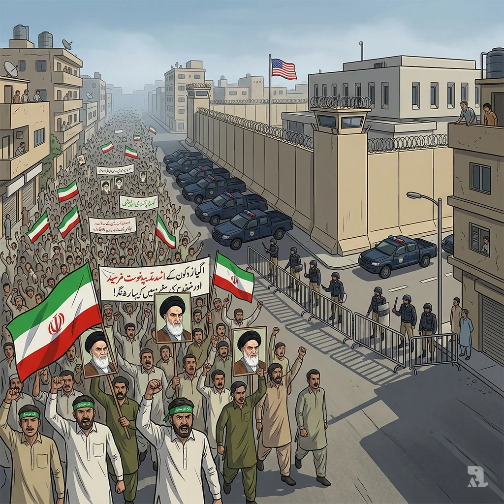 Hundreds of pro-Iranian protesters fill a Karachi street, waving Iranian flags and portraits of Ayatollah Ali Khamenei near the heavily fortified US Consulate on Sunday morning.
