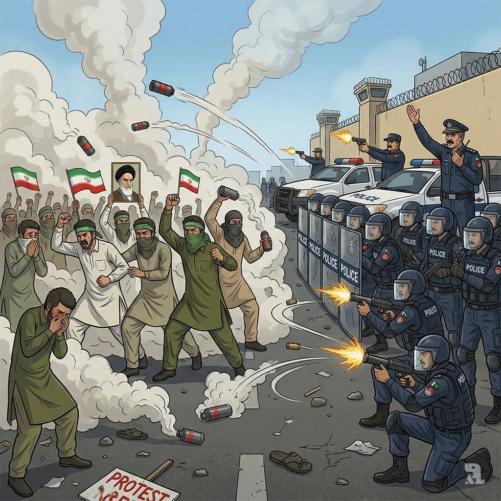 Pakistani police in riot gear deploy tear gas and fire warning shots into the air to push back protesters surging toward the US Consulate compound in Karachi.