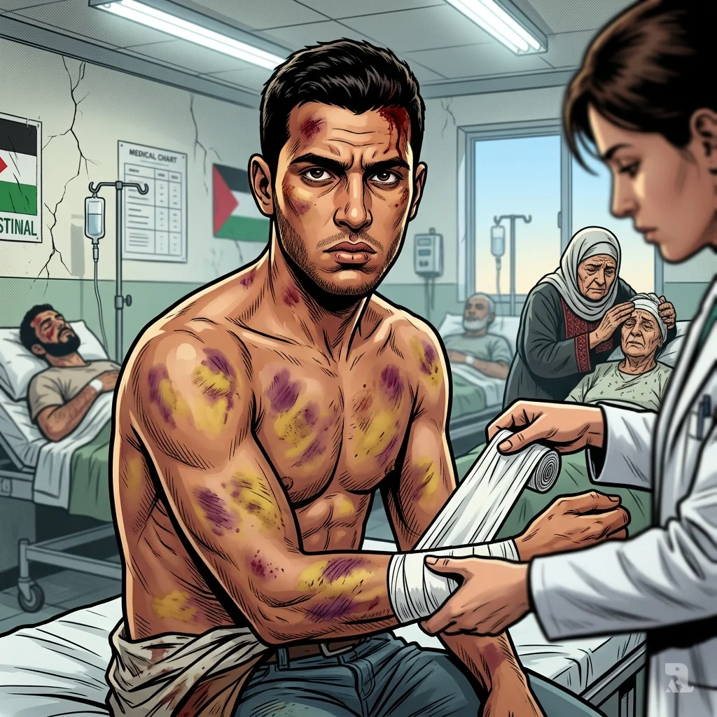 A young Palestinian man sits on a stretcher with bruises and a bandaged arm. He looks directly at the camera, showing resilience.