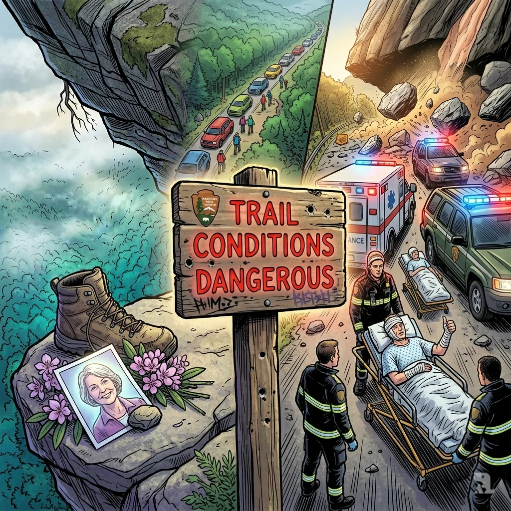 A composite view showing a cliff memorial with flowers and a rockslide site with emergency vehicles, connected by a weathered park service warning sign.