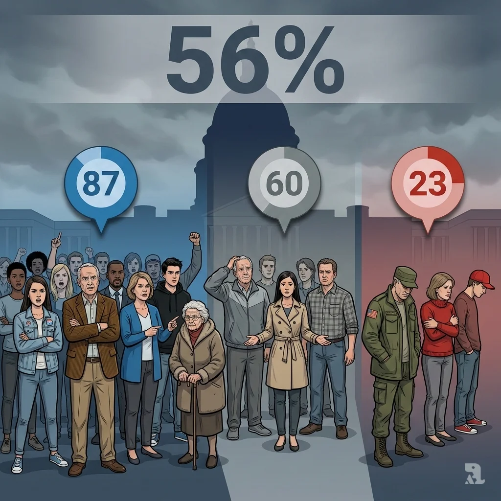 Crowds of Democrats, independents, and Republicans stand divided in front of the US Capitol, with data showing 56% believe Trump is too willing to use military force.