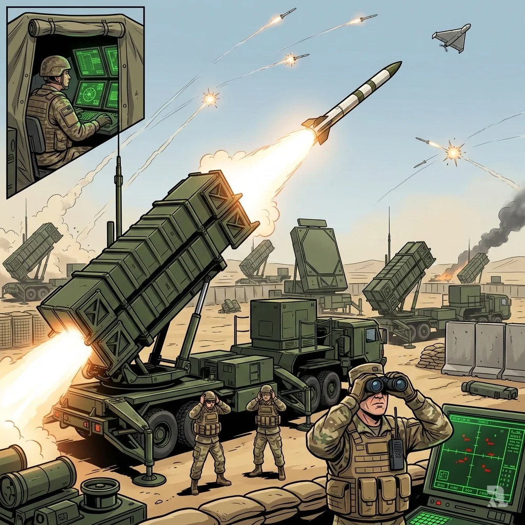 A US Patriot PAC-3 missile launches to intercept an incoming Shahed drone, highlighting the stark cost difference between defense and attack.