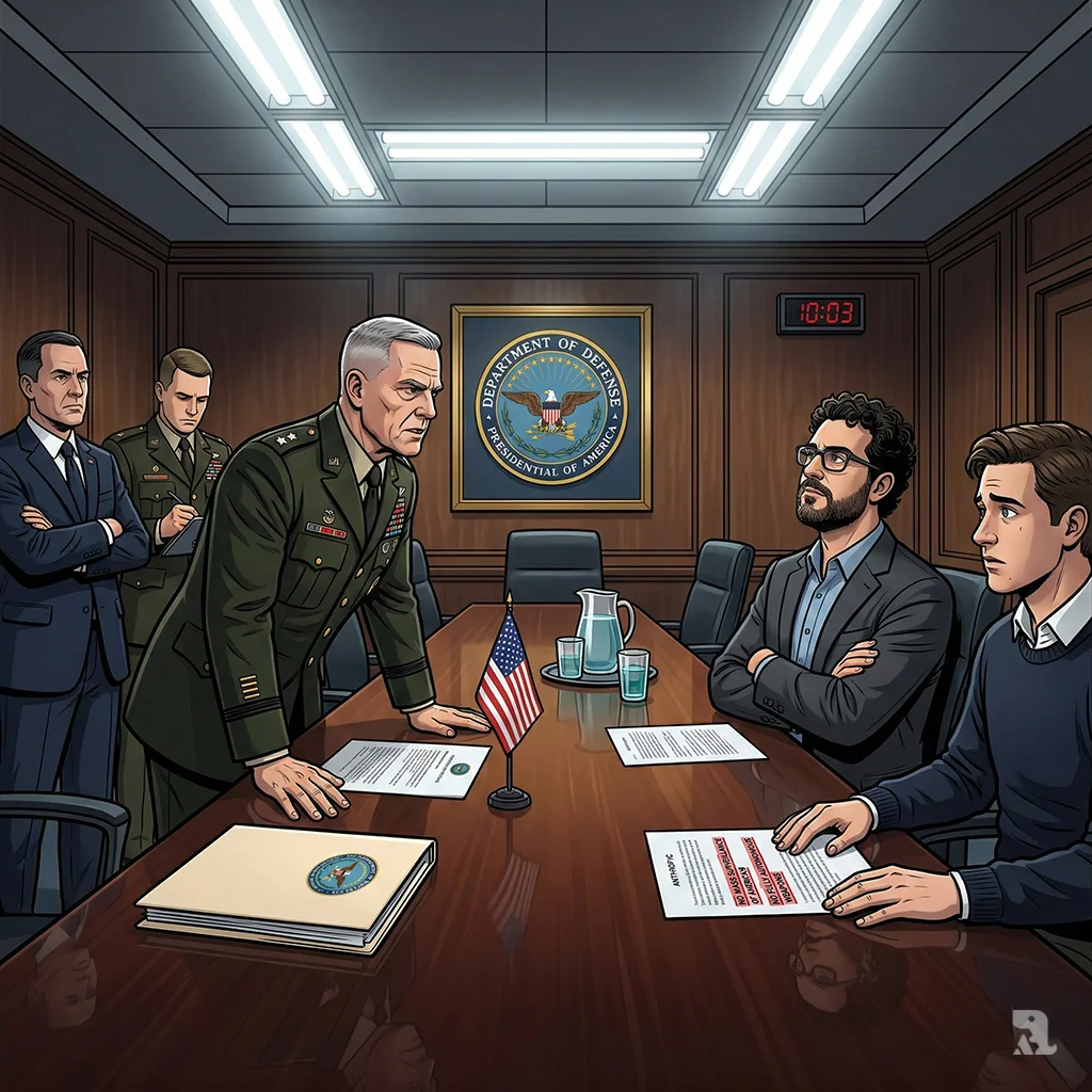Pentagon officials demand unrestricted access to Anthropic's AI in a tense private meeting, while Anthropic representatives refuse, pointing to safety rules highlighted in red on the table.