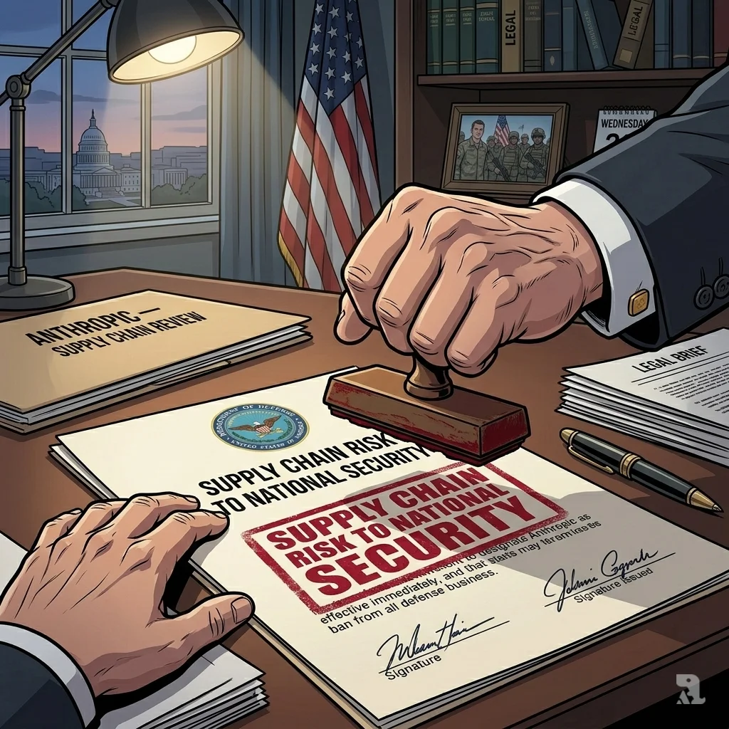 A close-up of a Pentagon official's hands stamping a document, designating Anthropic a "supply chain risk to national security" in crimson ink.
