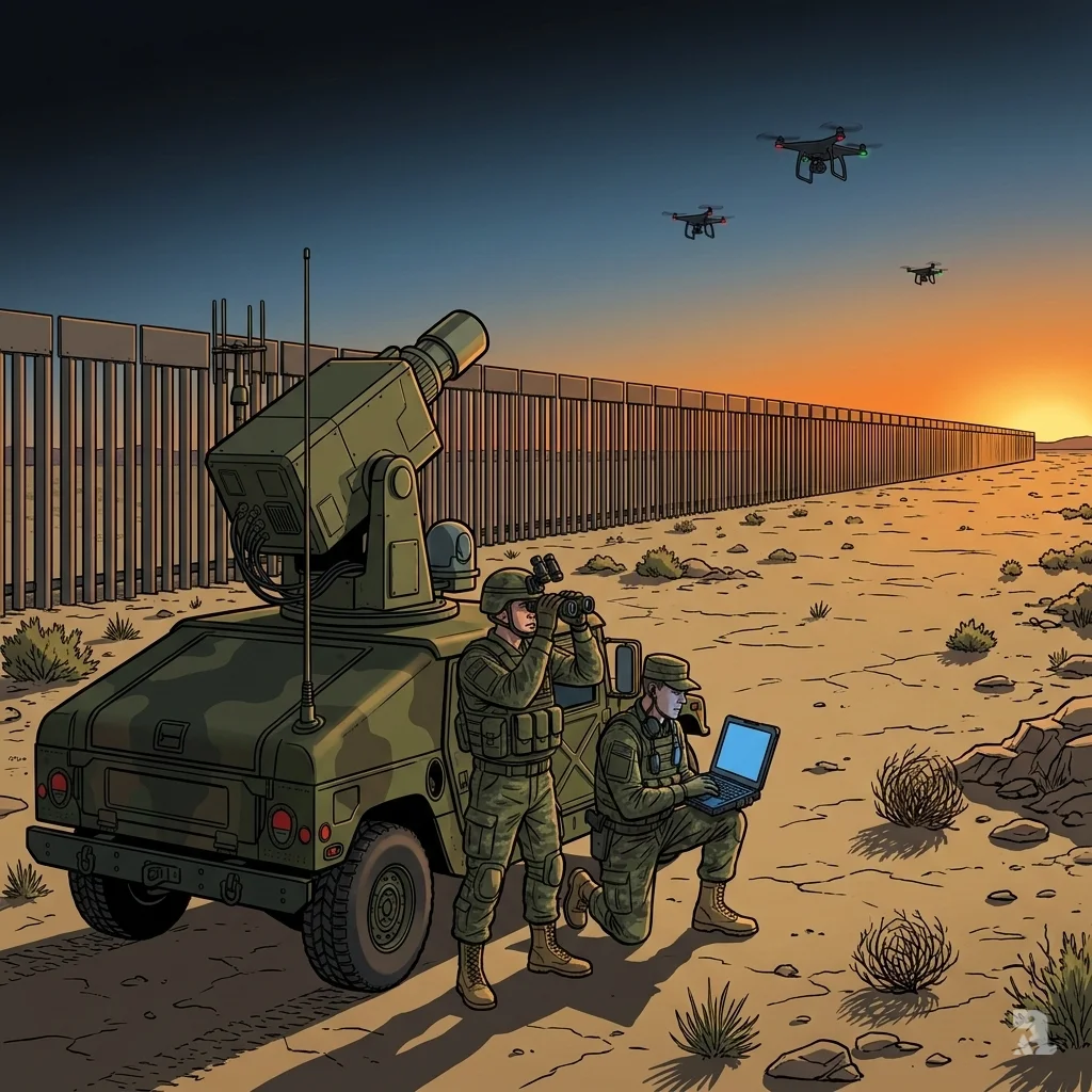 Wide desert border view near El Paso, Texas, showing U.S. military Humvee with anti-drone laser targeting cartel drones across fence, operators monitoring at dusk without FAA coordination.