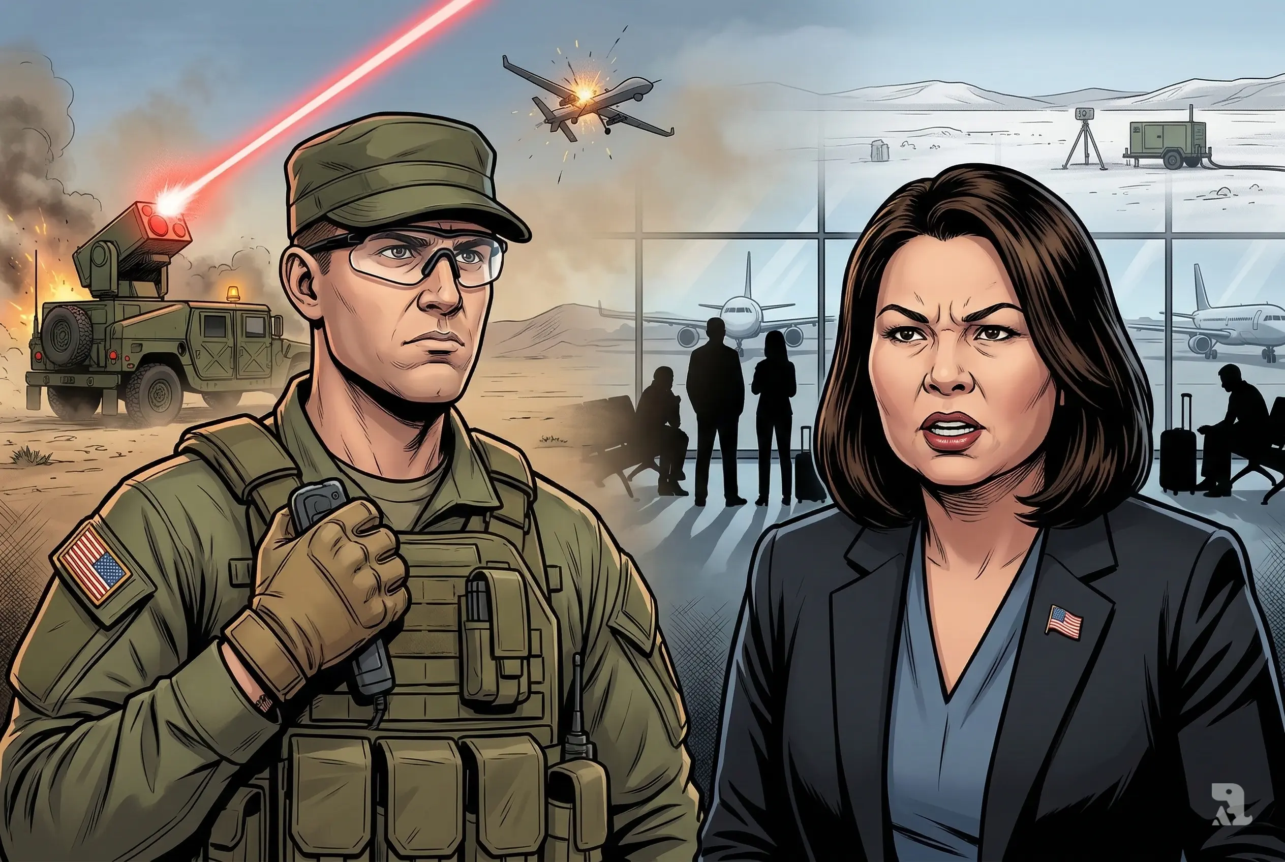 Military operator and Senator Tammy Duckworth foregrounded as border laser strike and grounded airport flights unfold behind, highlighting Pentagon–FAA coordination crisis.