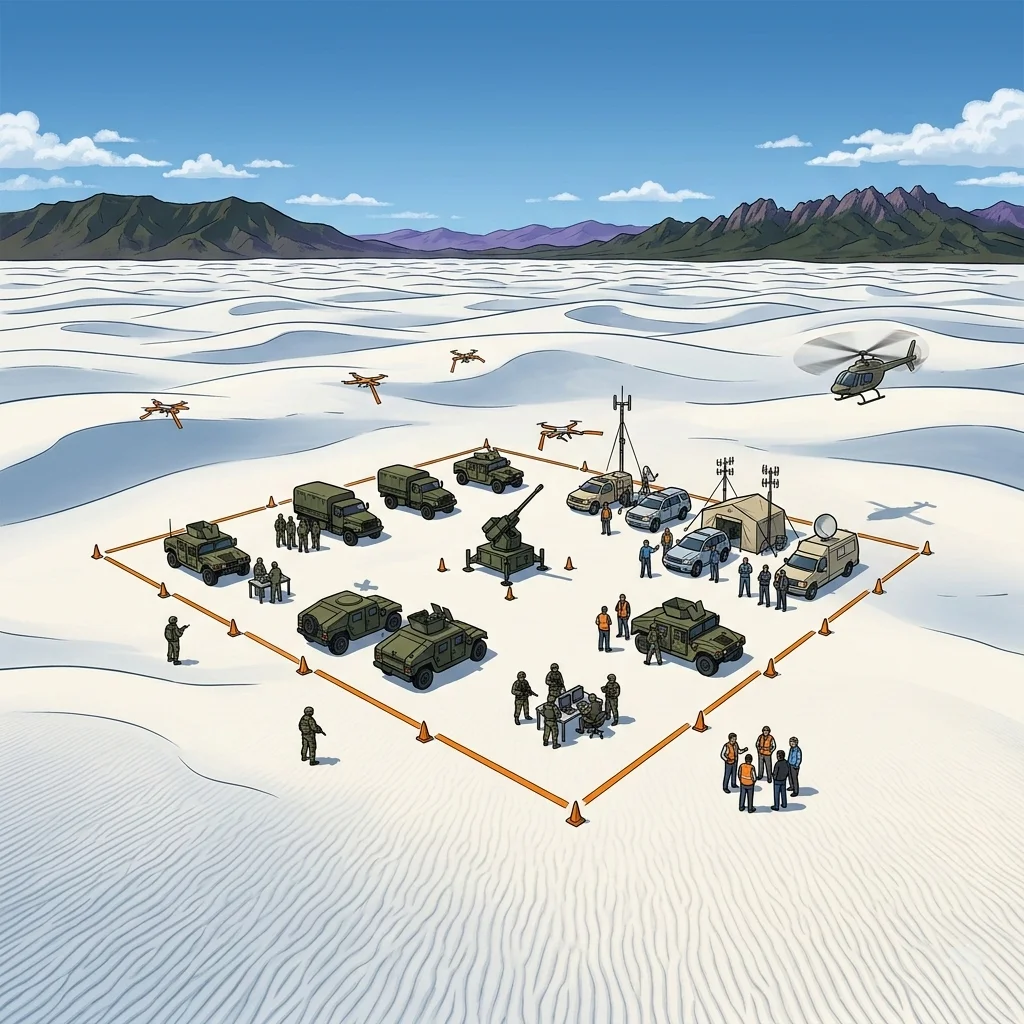 Aerial view of White Sands Missile Range in New Mexico, military and FAA teams setting up coordinated anti-drone laser tests on marked gypsum dunes with test drones hovering.