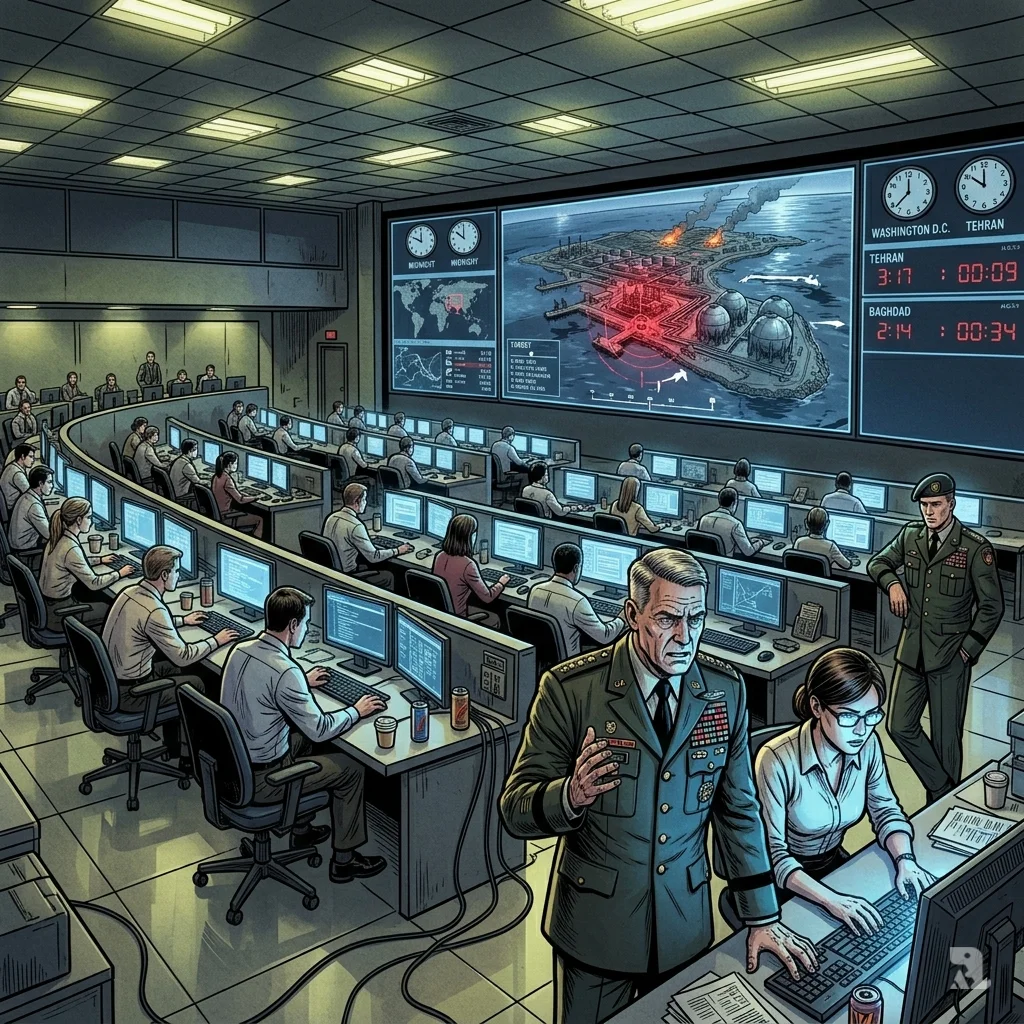 Pentagon command center with tiered analysts and large screens showing satellite maps of Iran. Officers confer in the background.