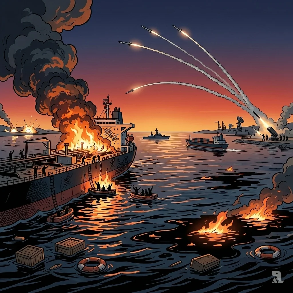A burning oil tanker sits in the Persian Gulf as multiple missile trails arc across the twilight sky, disrupting global shipping through the Strait of Hormuz.