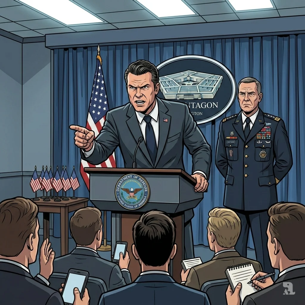Defense Secretary Pete Hegseth points assertively at reporters from a podium. Gen. Dan Caine stands behind him with a somber expression at the Pentagon briefing.