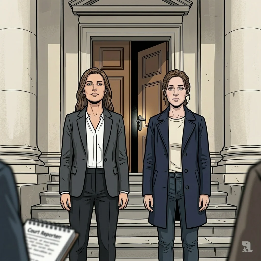 Phoebe and Morgane stand with resolute expressions on courthouse steps. They waived their anonymity to campaign for driving instructors to be classified as a position of trust.