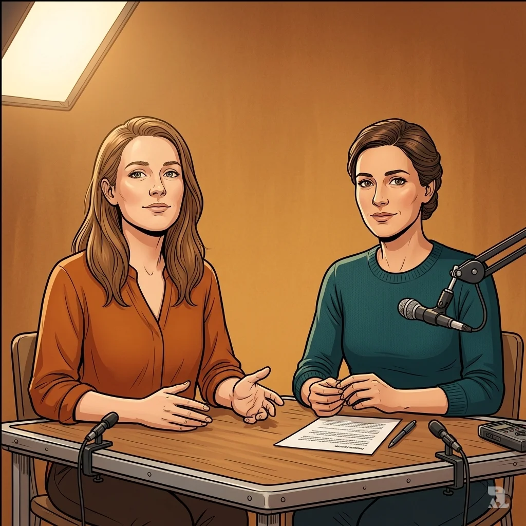 Phoebe and Morgane sit calmly at a media interview table with microphones. They discuss reclaiming their story and their continued advocacy for stronger protections for learner drivers.