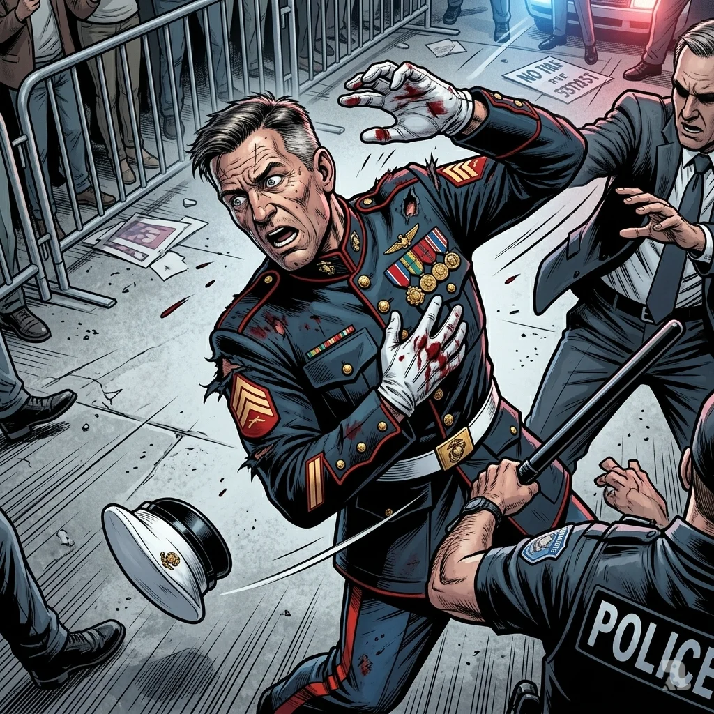 A confrontation between police, a congressman, and veteran Brian McGinnis at a Capitol Hill protest results in the Marine having his hand broken.