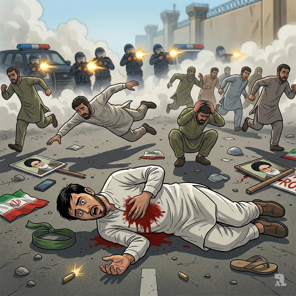 A protester in a white shalwar kameez lies wounded on the asphalt as police open fire, with others diving for cover near the US Consulate in Karachi.