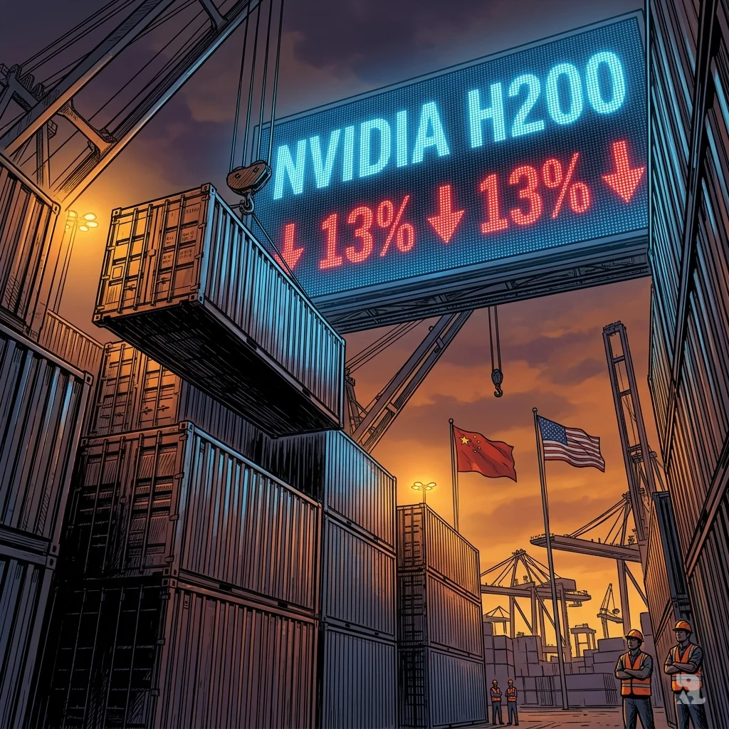 Towering stacks of semiconductor containers sit idle at Port of Long Beach as an LED billboard shows NVIDIA H200 chip exports dropping 13 percent, suggesting halted trade.